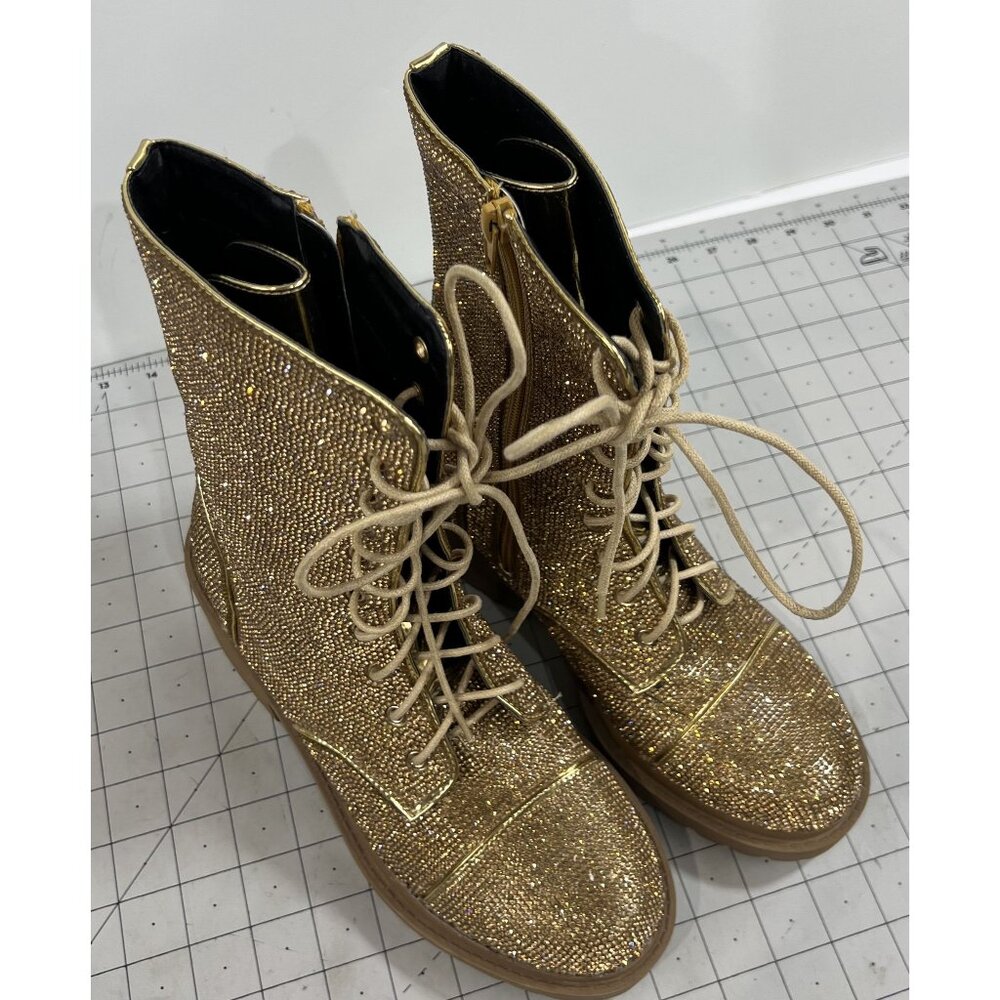 Vigo Fiore Women's Gold Rhinestone Lace Combat Boots Rosalba Sz. 7.5 Side Zip - Picture 3 of 14